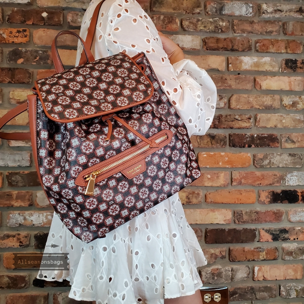 NWT AUTHENTIC Kate Spade Floral Monogram Coated Canvas Medium Backpack brown BAG - Picture 2 of 5